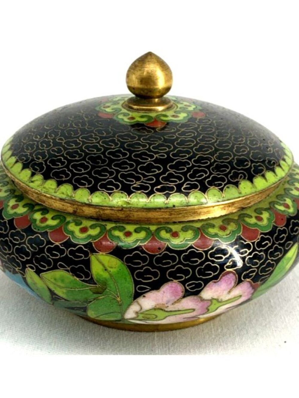 Cloisonne Enamel Trinket Dish Lidded Bowl Black Floral 4"